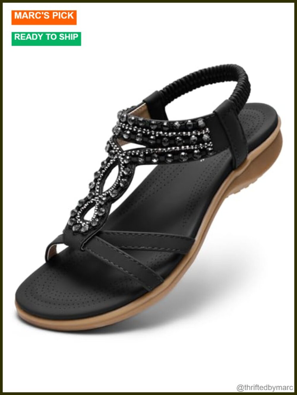 Women's Boho Rhinestone Flat Sandals with Arch Support & Elastic Ankle Strap